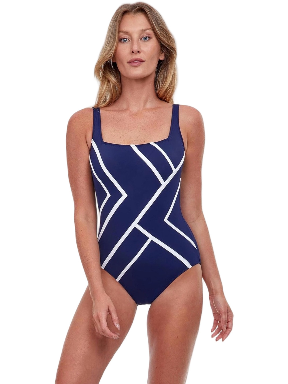 🎼 gottex navy One-Piece square neck Swimsuit&White Geo Stripes size 16 NWT